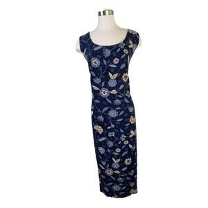 Vintage Maxi Dress Size 24 Floral Linen Navy Blue Cottagecore Grandmacore Summer